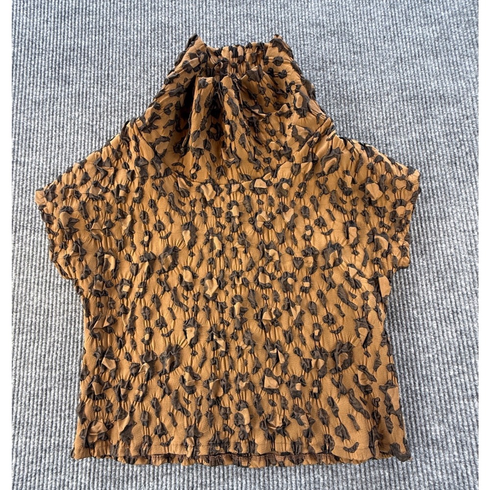 Kozan Leopard Print Popcorn Texture Turtleneck Top Brown Black XS Cap Sleeve